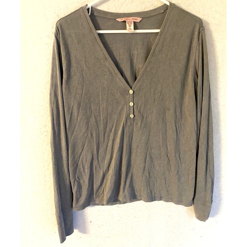 Victoria Secret Pajama Top M Henley Long sleeve women's knit button gray soft